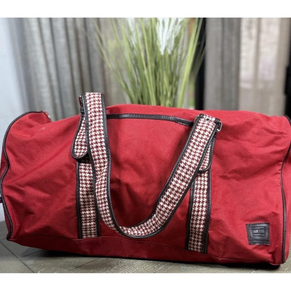 Vintage Tommy Hilfiger Red Tote‎ Duffle Bag houndstooth Straps 90s Fashion